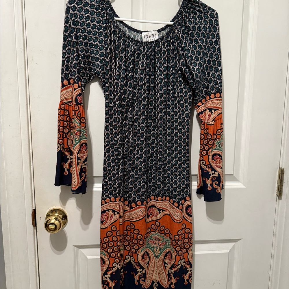 Elegant Navy and Orange Patterned Dress